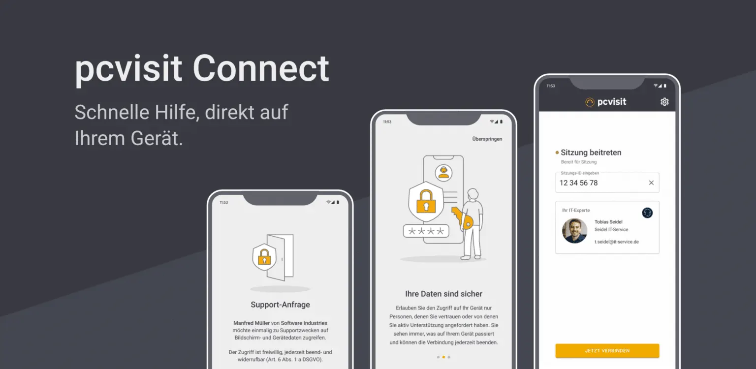 Das Bild zeigt die pcvisit Connect-App auf dem Smartphone.