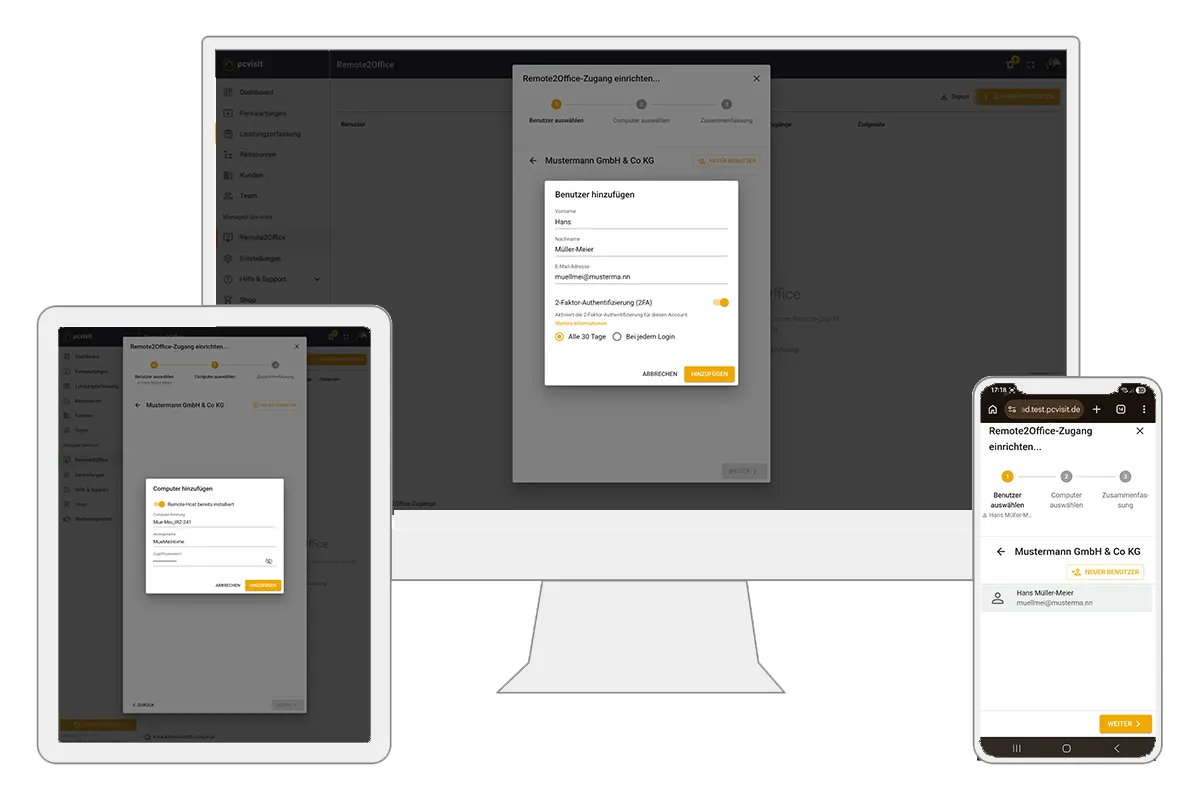 Ein Remote2Office-Zugang wird in der pcvisit Web App auf verschiedenen Devices eingerichtet