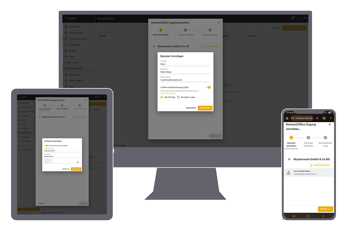 Die pcvisit Web App mit aktivem Remote2Office-Zugang auf verschiedenen Devices