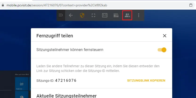 Bildschirmansicht: Fernzugriff teilen in der pcvisit MobileSupport Web App